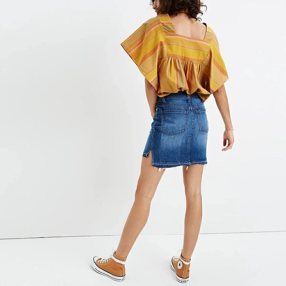 Madewell Step-Hem Jean Denim Skirt Brandt Wash Distressed Frayed Hem